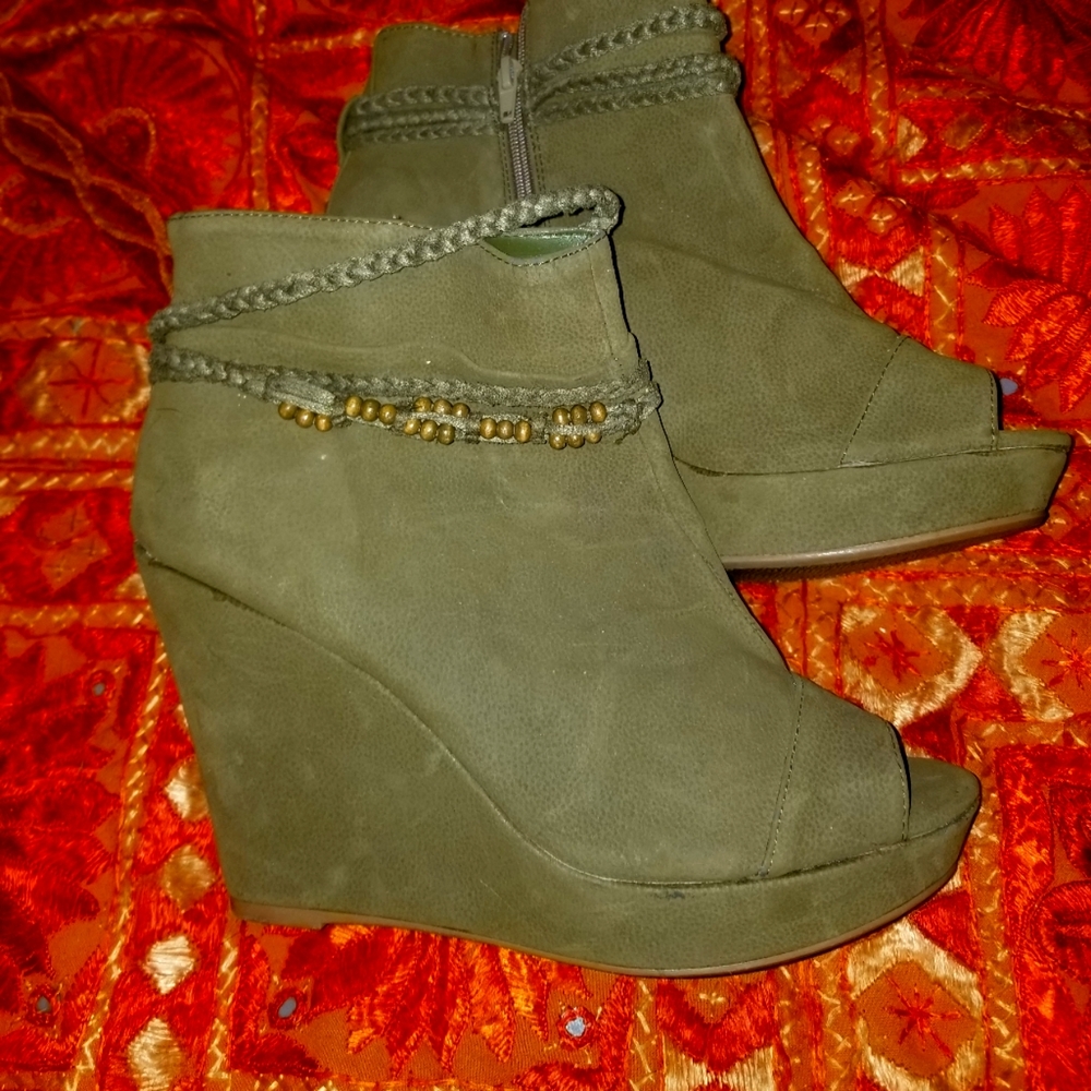 Olive Suede Peep Toed Wedges NWOT